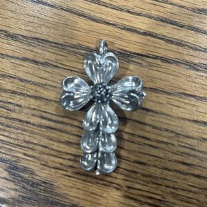 Vintage Dogwood Cross Pendant For Necklace Silvertone signed Marcie USA